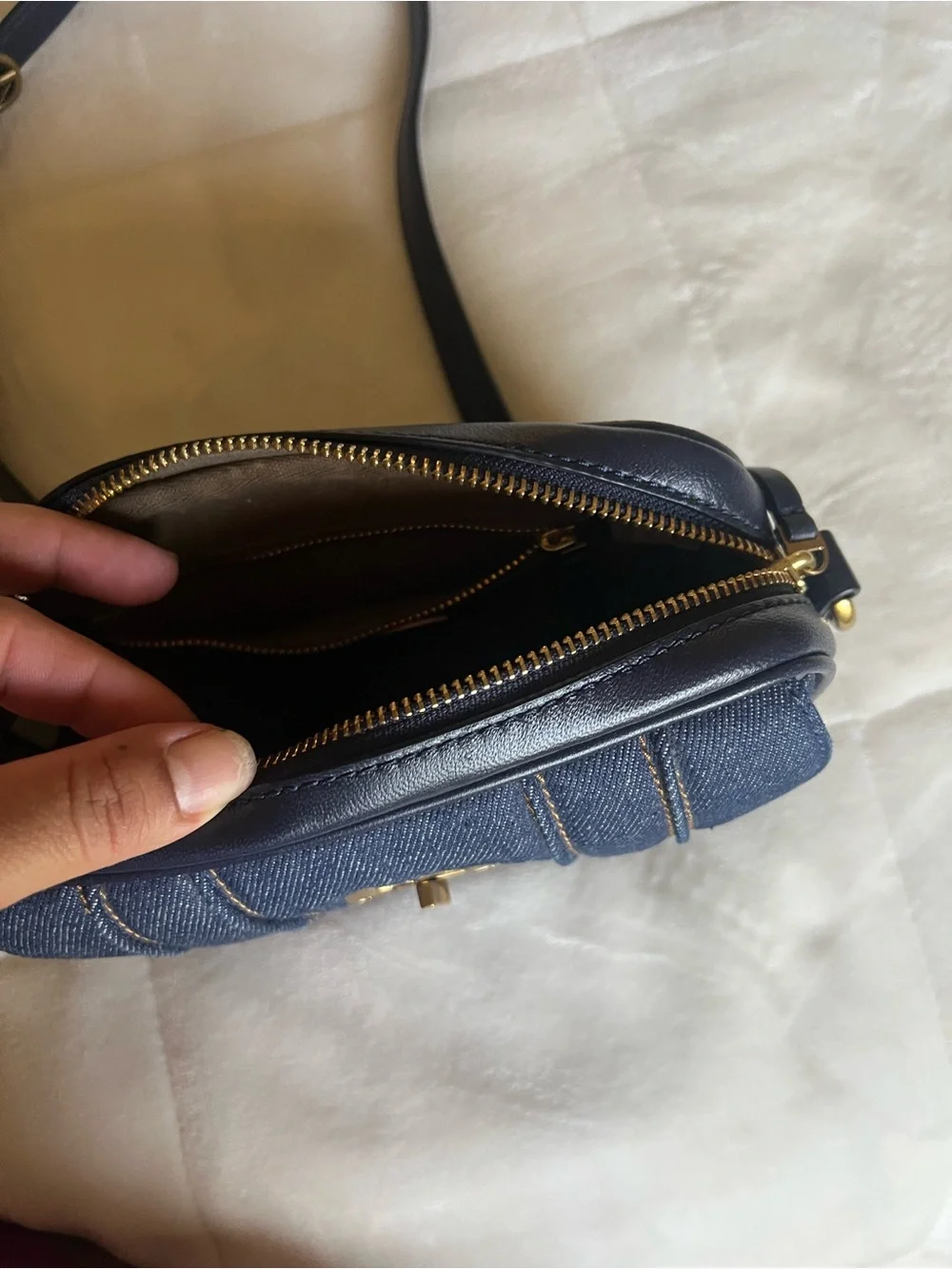 Tory Burch Denim Camera Bag in Dark Blue with Gold Hardware